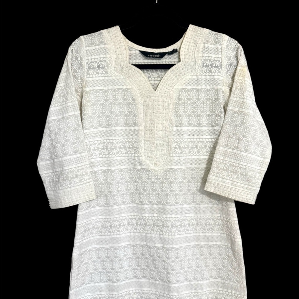 Stretch White Cream Lace and Beaded Long Sleeve Dress